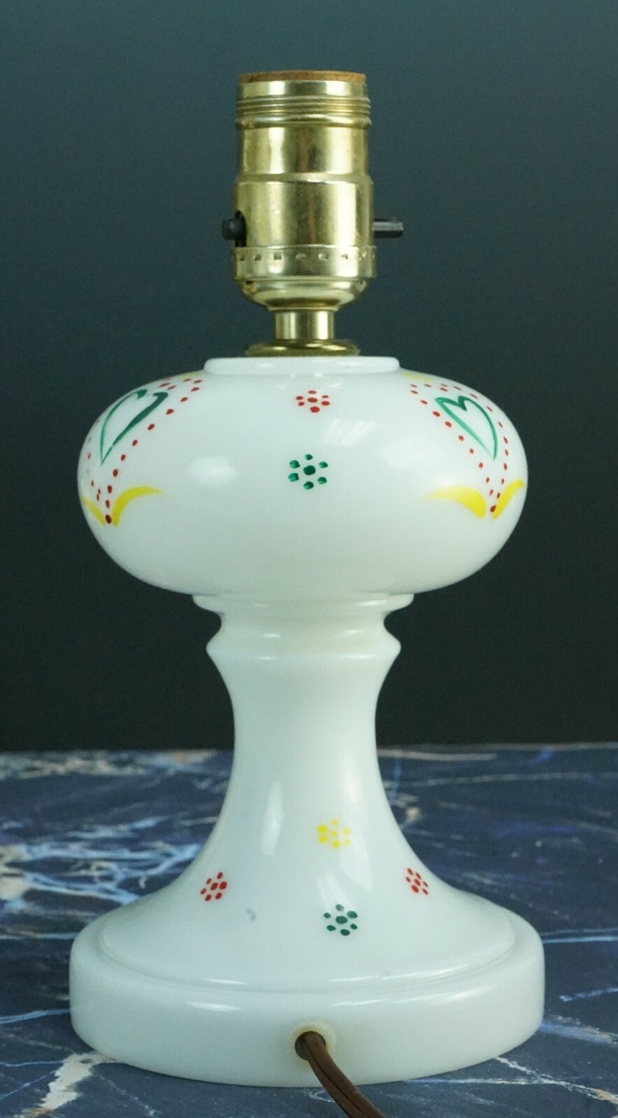 Vintage Glass Table Lamp with Hand Painted Hearts Design Milk Glass