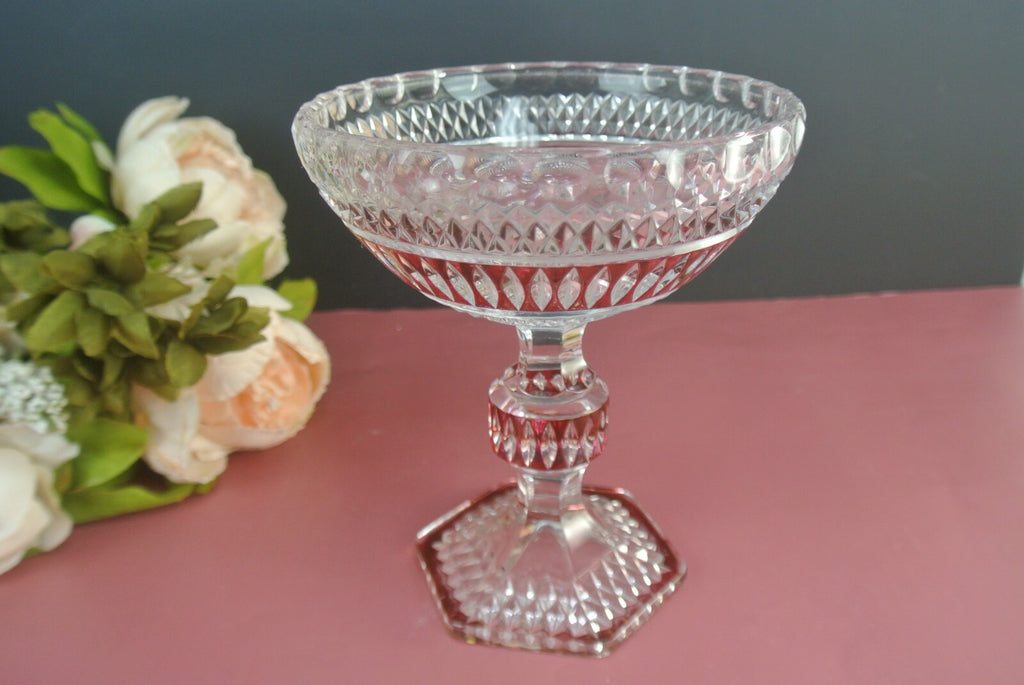 Vintage Diamond Crystal Compote W/ Painted Red Accents