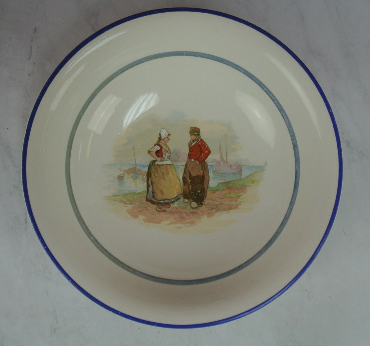 Vintage Dresden China Bowl with Holland Dutch Netherlands Couple 10-3/8" Across