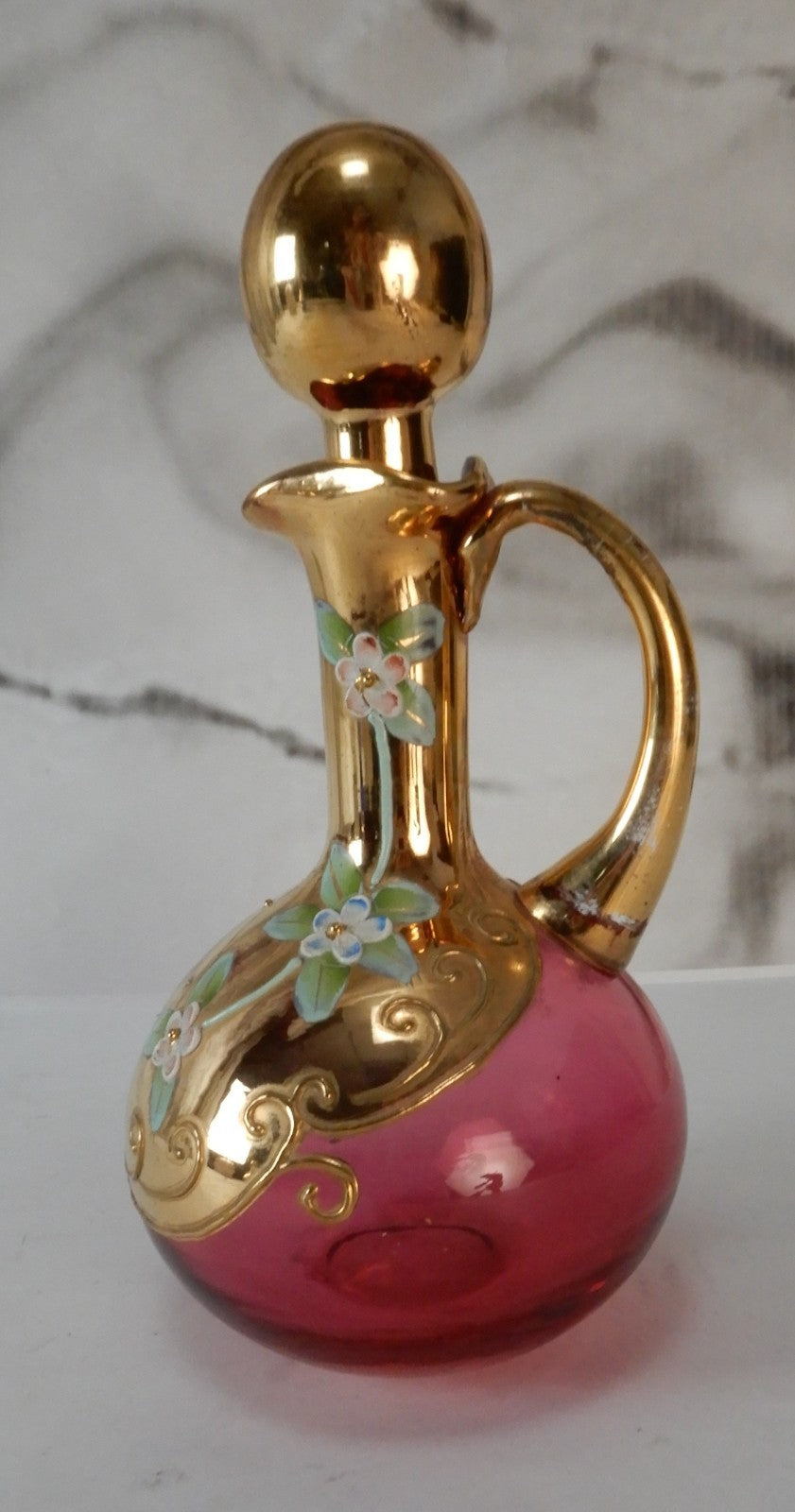 Vintage Glass Czech Bohemia Hand-Painted Red Cruet with Stopper